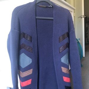 Foundre blue cardigan with leather deco